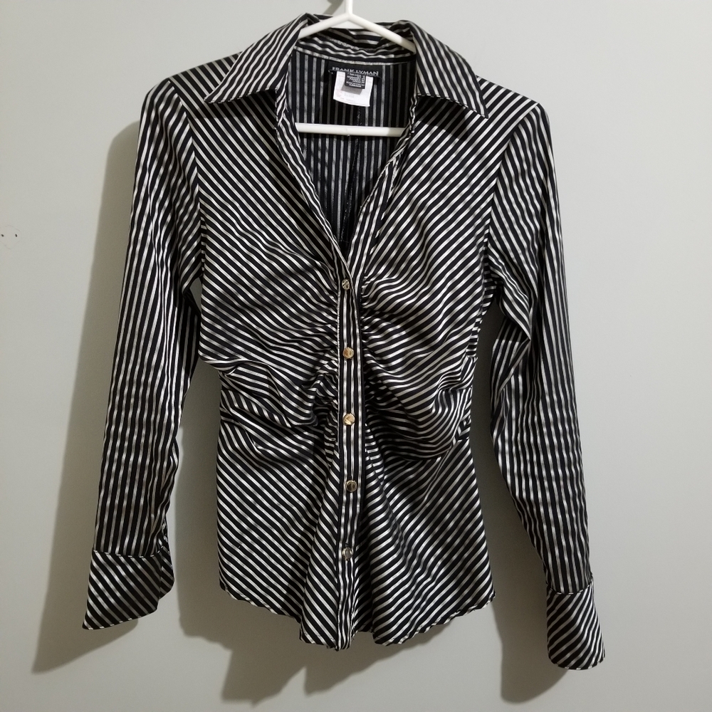 Frank Lyman designer black and silver stripe shirt